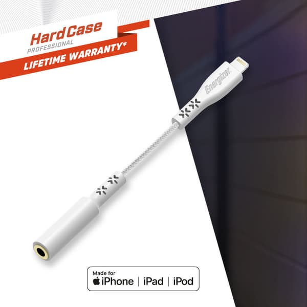 Energizer HardCase - Lightning til 3,5 mm jack-lydadapter MFi-certificeret 11 cm EU (hvid) livstidsgaranti