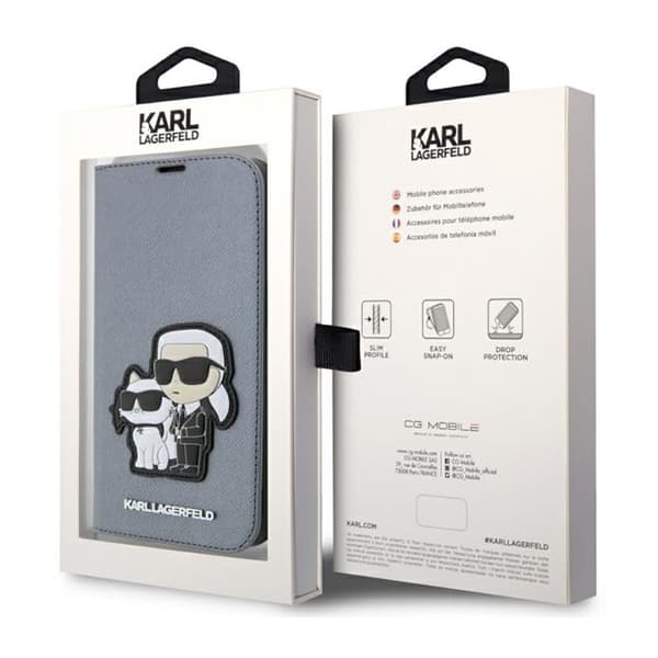 Karl Lagerfeld Kirjatyyppi NFT Saffiano Karl & Choupette - iPhone 14 Pro Max -kotelo (hopea)