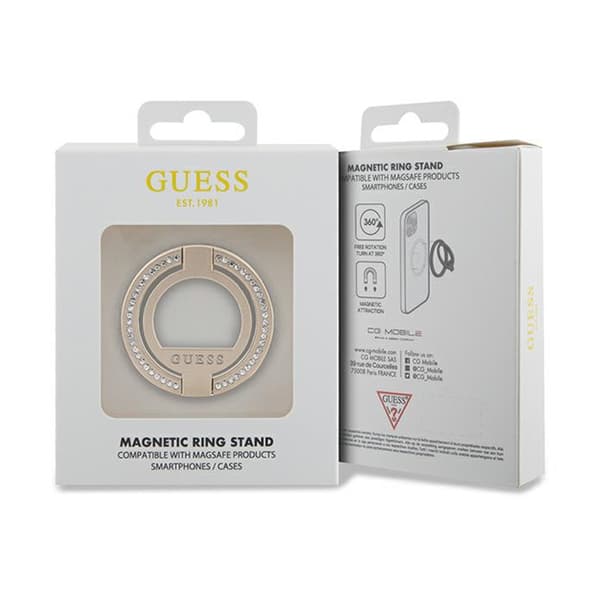 Guess MagSafe Ring Stand Rhinestone - Magnetisk fingerhållare för telefon med stativfunktion (Guld)