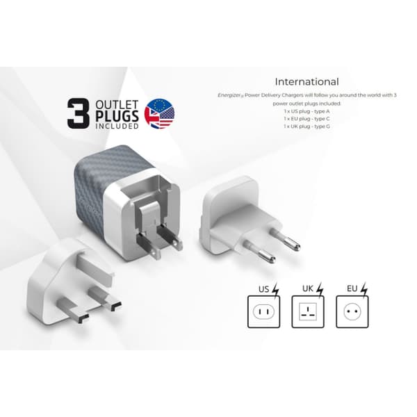 Energizer Ultimate - Multiplug EU / UK / US GaN USB-C & USB-A 38W PD + QC3.0 vægoplader (sølv)