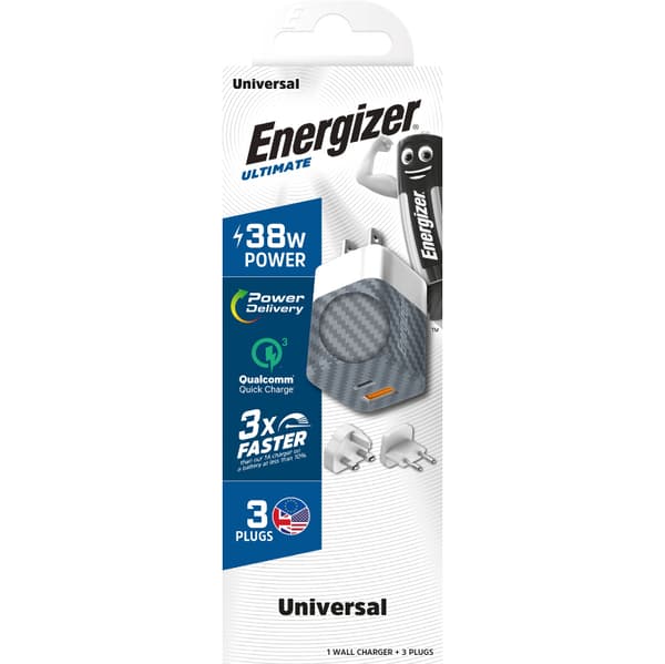 Energizer Ultimate - Multiplug EU / UK / US GaN USB-C & USB-A 38W PD + QC3.0 vægoplader (sølv)