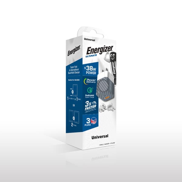 Energizer Ultimate - Multiplug EU / UK / US GaN USB-C & USB-A 38W PD + QC3.0 vægoplader (sølv)