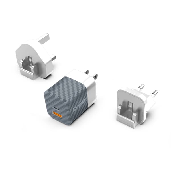 Energizer Ultimate - Multiplug EU / UK / US GaN USB-C & USB-A 38W PD + QC3.0 vægoplader (sølv)