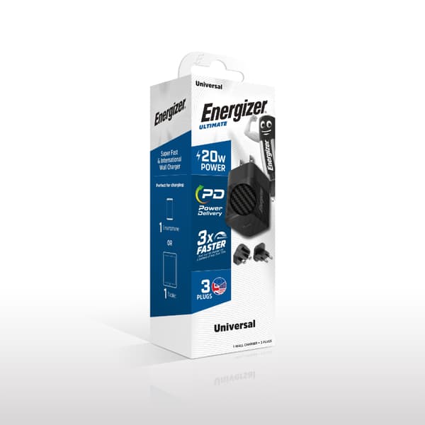 Energizer Ultimate - Multiplug EU / UK / US GaN USB-C 20W PD vægoplader (sort)