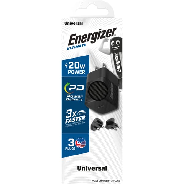 Energizer Ultimate - Multiplug EU / UK / US GaN USB-C 20W PD vægoplader (sort)