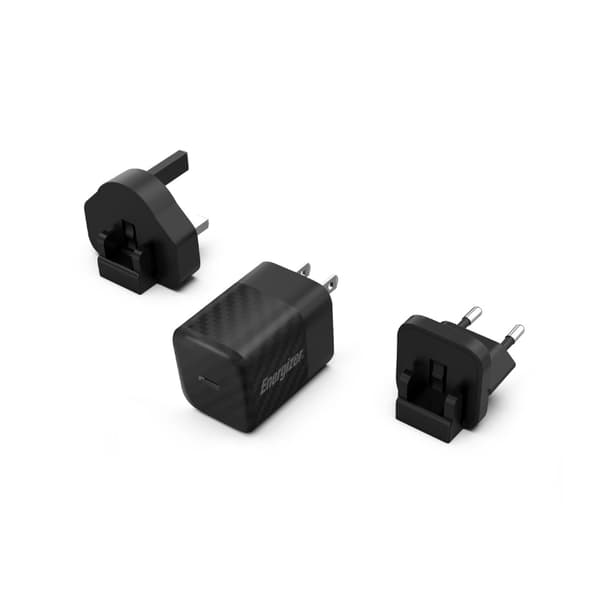 Energizer Ultimate - Multiplug EU / UK / US GaN USB-C 20W PD vægoplader (sort)