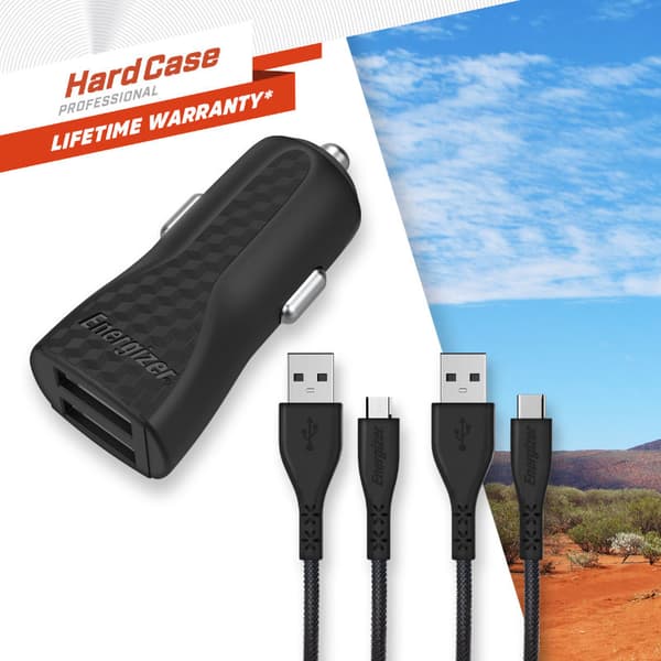 Energizer HardCase - 2x USB-A 2.4A biloplader + USB-C & Micro USB-kabel (sort)