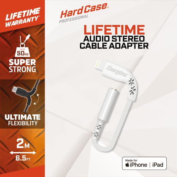 Energizer HardCase - Lightning–3,5 mm:n jakkiliitäntään kuuluva äänisovitin MFi-sertifioitu 11 cm:n ROW (valkoinen) elinikäinen takuu