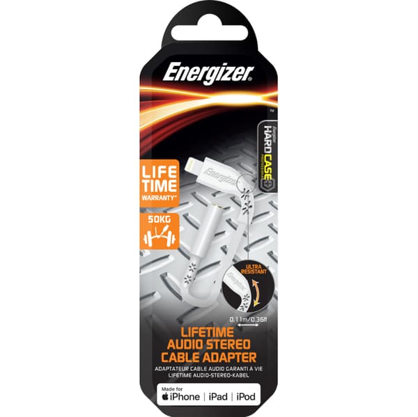 Energizer HardCase - Lightning–3,5 mm:n jakkiliitäntään kuuluva äänisovitin MFi-sertifioitu 11 cm:n ROW (valkoinen) elinikäinen takuu