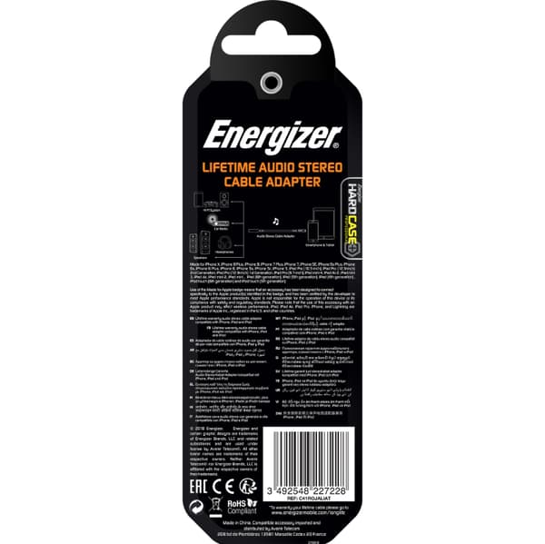 Energizer HardCase - Lightning–3,5 mm:n jakkiliitäntään kuuluva äänisovitin MFi-sertifioitu 11 cm:n ROW (valkoinen) elinikäinen takuu
