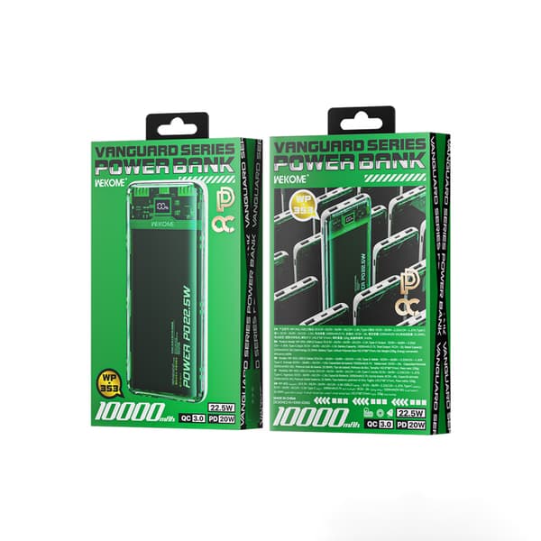 WEKOME WP-353 Vanguard-serien - Powerbank 10000 mAh PD 20W + QC 22,5W (grøn/gennemsigtig)