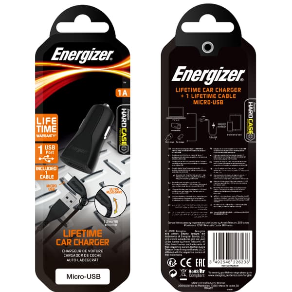 Energizer HardCase - USB-A 1A billaddare + Micro USB-kabel (svart)