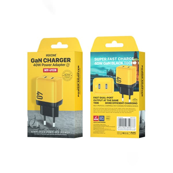 WEKOME WP-U128 - 2x USB-C superhurtig oplader GaN 40W vægoplader (gul)