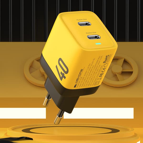 WEKOME WP-U128 - 2x USB-C superhurtig oplader GaN 40W vægoplader (gul)
