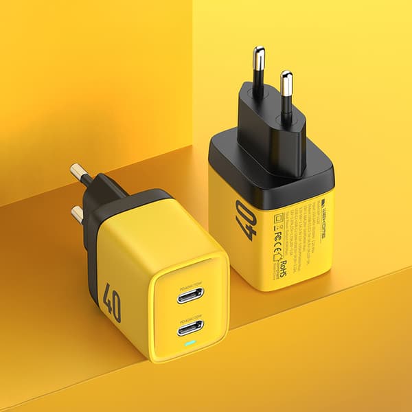WEKOME WP-U128 - 2x USB-C superhurtig oplader GaN 40W vægoplader (gul)