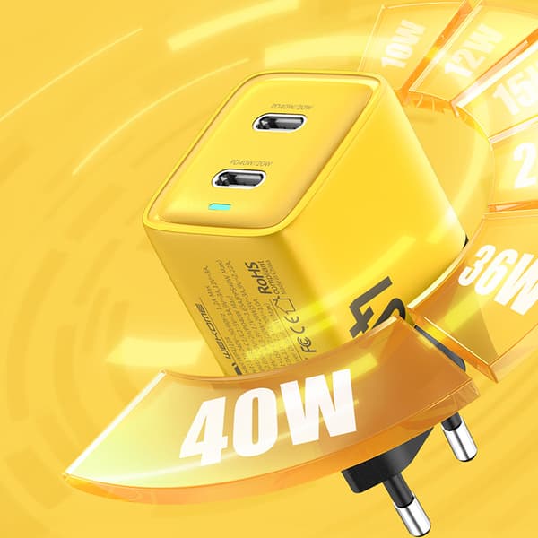 WEKOME WP-U128 - 2x USB-C superhurtig oplader GaN 40W vægoplader (gul)