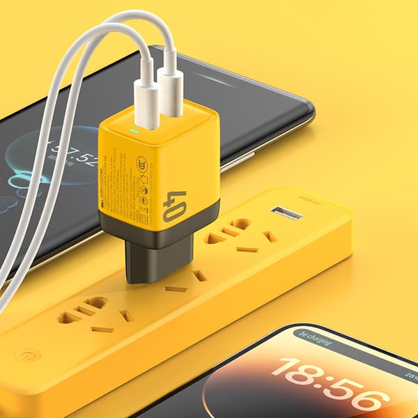 WEKOME WP-U128 - 2x USB-C superhurtig oplader GaN 40W vægoplader (gul)