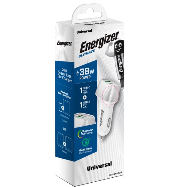 Energizer Ultimate - USB-C & USB-A 38W PD + QC3.0 billaddare (vit/silver)