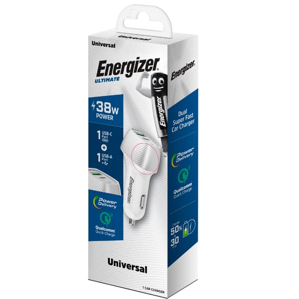 Energizer Ultimate - USB-C & USB-A 38W PD + QC3.0 billaddare (vit/silver)
