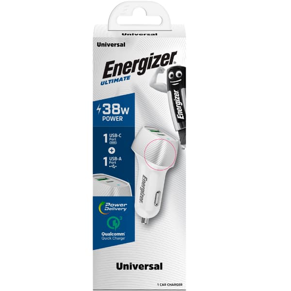 Energizer Ultimate - USB-C & USB-A 38W PD + QC3.0 billaddare (vit/silver)