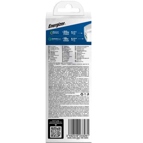 Energizer Ultimate - USB-C & USB-A 38W PD + QC3.0 billaddare (vit/silver)