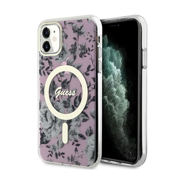 Guess Flower MagSafe - iPhone 11 -kotelo (vaaleanpunainen)