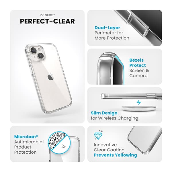 Speck Presidio Perfect-Clear - iPhone 15 / iPhone 14 / iPhone 13 etui (gennemsigtig)
