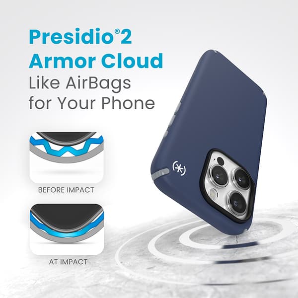 Speck Presidio2 Pro Magsafe - iPhone 15 Pro -kotelo (rannikonsininen / pölynharmaa / valkoinen)
