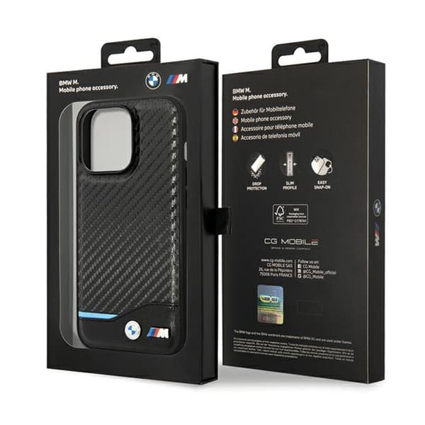 BMW Læder Carbon Blue Line - iPhone 13 Pro Max etui (sort)