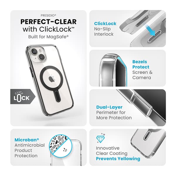 Speck Presidio Perfect-Clear ClickLock & Magsafe - iPhone 15 / iPhone 14 / iPhone 13-fodral (Klar / Frostad Svart / Slate Grey)
