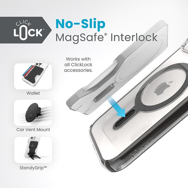 Speck Presidio Perfect-Clear ClickLock & Magsafe - iPhone 15 / iPhone 14 / iPhone 13-fodral (Klar / Frostad Svart / Slate Grey)