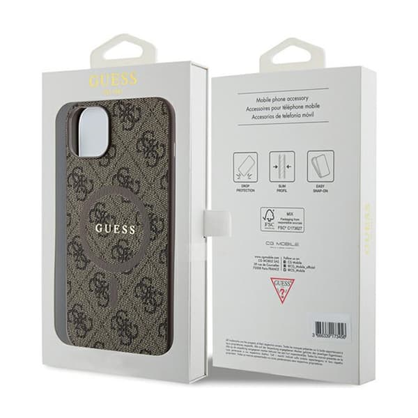 Guess 4G Collection Leather Metal Logo MagSafe - iPhone 15 Plus / 14 Plus Fodral (Brun)
