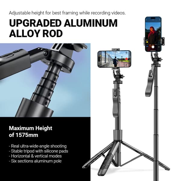 Crong SelfieGo Ultra – alumiininen Bluetooth-selfie-tikkujalusta (musta)