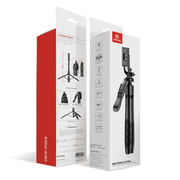 Crong SelfieGo Ultra – alumiininen Bluetooth-selfie-tikkujalusta (musta)