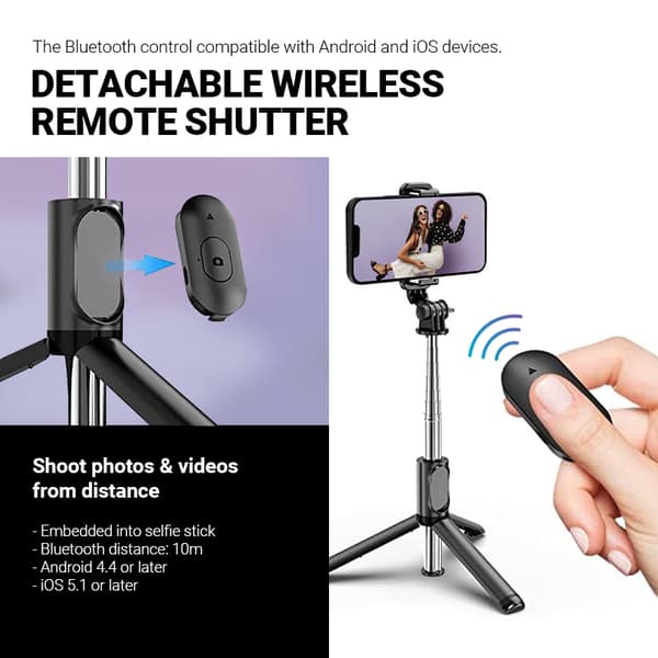 Crong SelfieGo Lite – Kompakt Bluetooth selfie stick-stativ (sort)