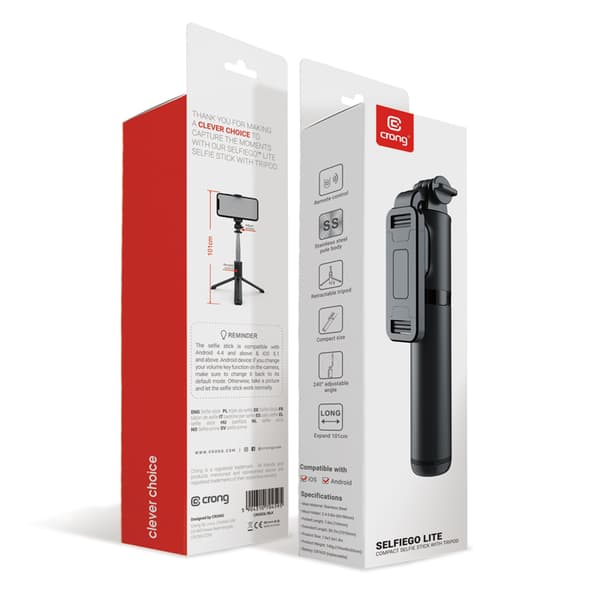 Crong SelfieGo Lite – Kompakt Bluetooth selfie stick-stativ (sort)