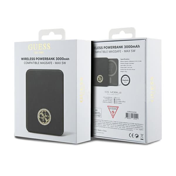 Guess 4G Strassed Metal Logo MagSafe - Induktion Power Bank 3000 mAh 5W MagSafe (sort)