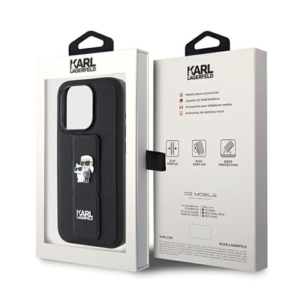Karl Lagerfeld Gripstand Saffiano Karl & Choupette Pins - iPhone 13 Pro etui (sort)