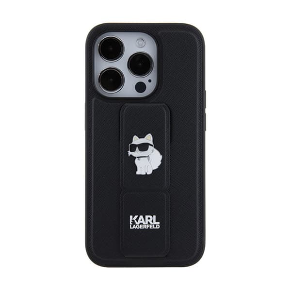 Karl Lagerfeld Gripstand Saffiano Choupette Pins - iPhone 14 Pro -kotelo (musta)