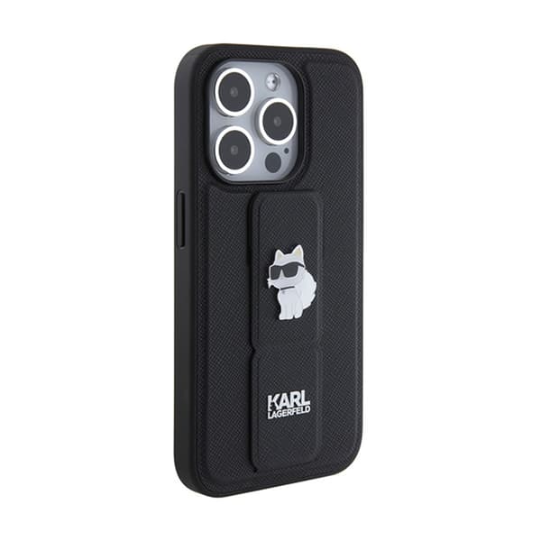 Karl Lagerfeld Gripstand Saffiano Choupette Pins - iPhone 14 Pro -kotelo (musta)