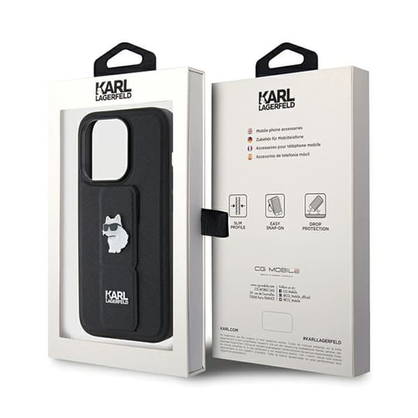 Karl Lagerfeld Gripstand Saffiano Choupette Pins - iPhone 14 Pro -kotelo (musta)