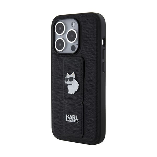 Karl Lagerfeld Gripstand Saffiano Choupette Pins - iPhone 14 Pro -kotelo (musta)