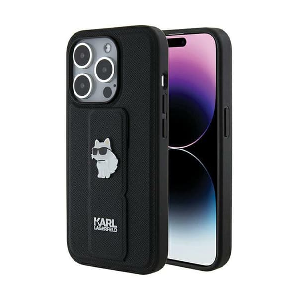 Karl Lagerfeld Gripstand Saffiano Choupette Pins - iPhone 14 Pro -kotelo (musta)