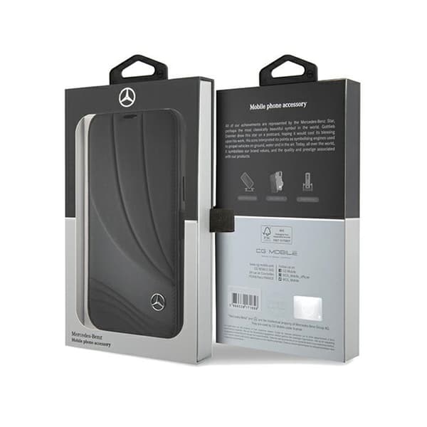 Mercedes Booktype Leather Wave Pattern - iPhone 15 Pro -kuori (musta)