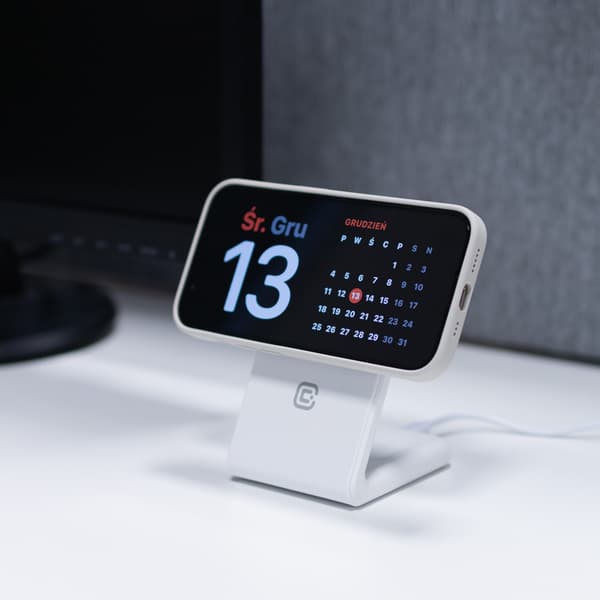 Crong MagSpot Stand - 2-i-1 trådlös laddare med MagSafe för iPhone och AirPods (vit)
