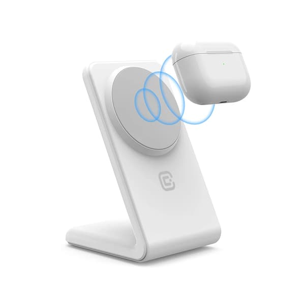 Crong MagSpot Stand - 2-i-1 trådlös laddare med MagSafe för iPhone och AirPods (vit)