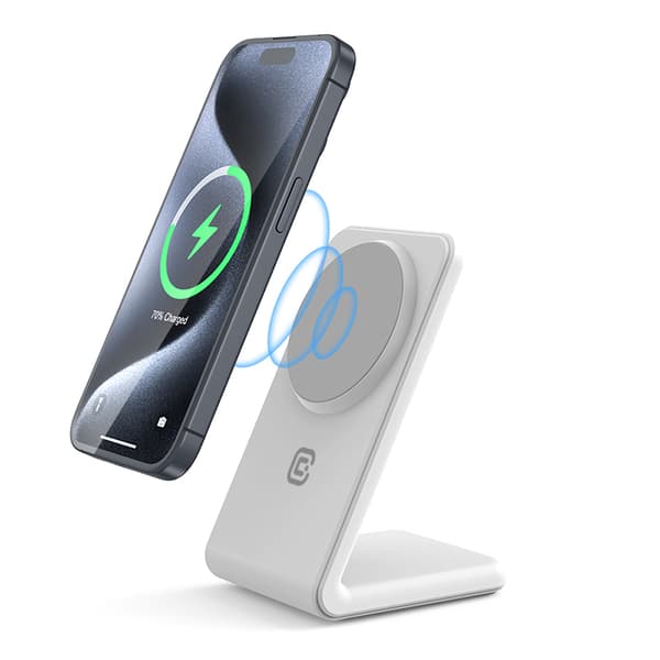Crong MagSpot Stand - 2-i-1 trådlös laddare med MagSafe för iPhone och AirPods (vit)