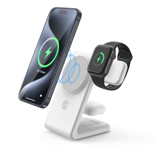 Crong MagSpot Pivot Stand - 3i1 trådløs oplader med MagSafe til iPhone, Apple Watch og AirPods (hvid)