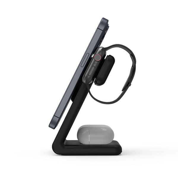 Crong MagSpot Pivot Stand - 3-i-1 trådløs oplader med MagSafe til iPhone, Apple Watch og AirPods (sort)