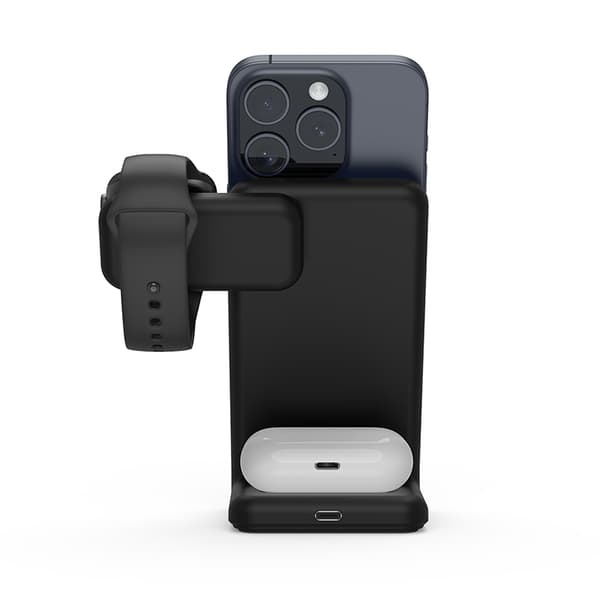 Crong MagSpot Pivot Stand - 3-i-1 trådløs oplader med MagSafe til iPhone, Apple Watch og AirPods (sort)